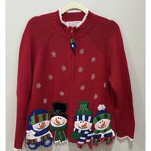 Tiara International Red Knit Christmas Zipper Sweater Medium Snowmen Bells EUC